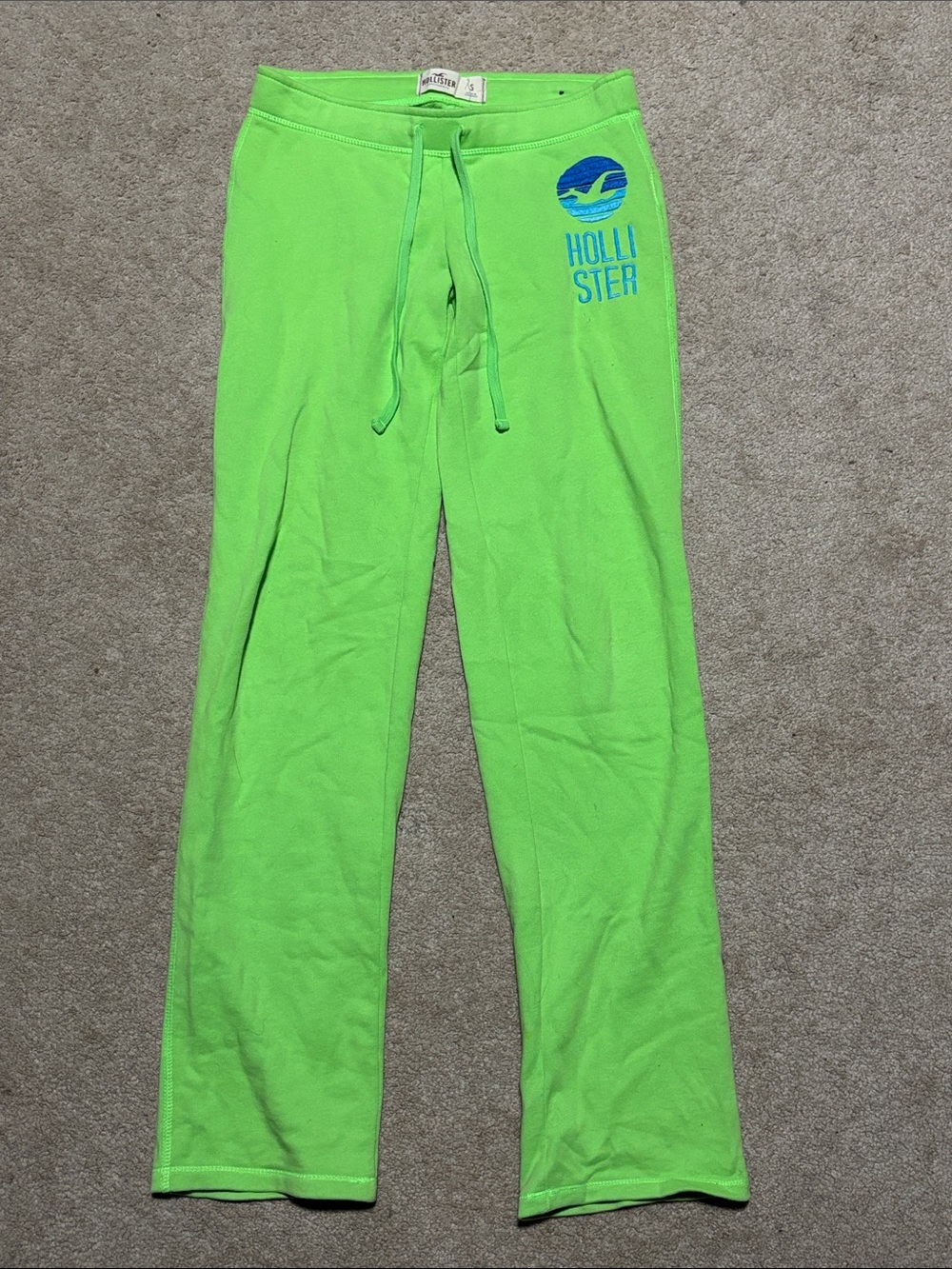 Hollister Neon Lime Green Sweatpants with Blue Logo